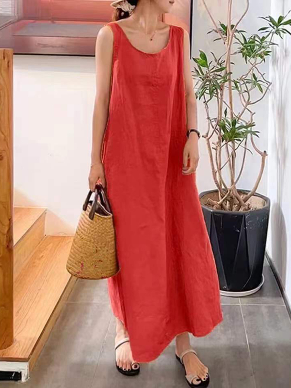 Mature Women Summer Cotton Linen Loose Pocket Round Neck Temperament Sleeveless Maxi Dress