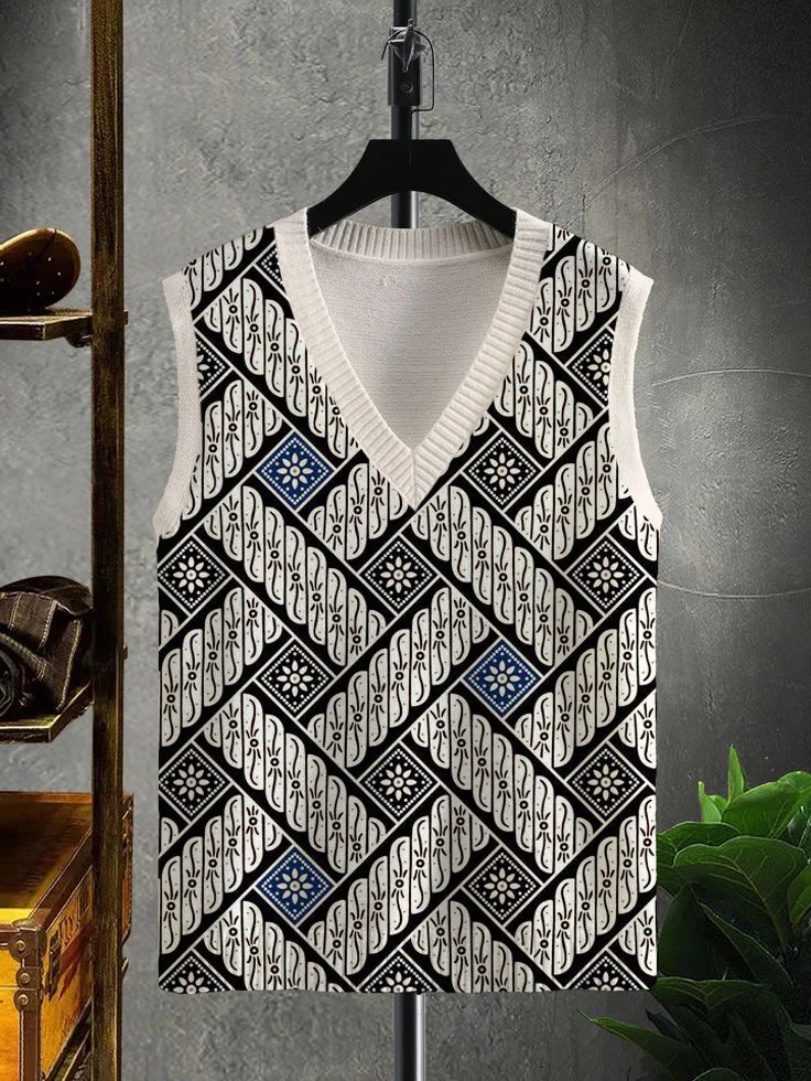 Men's Middle Eastern Style Pattern Print V Neck Knit Vest