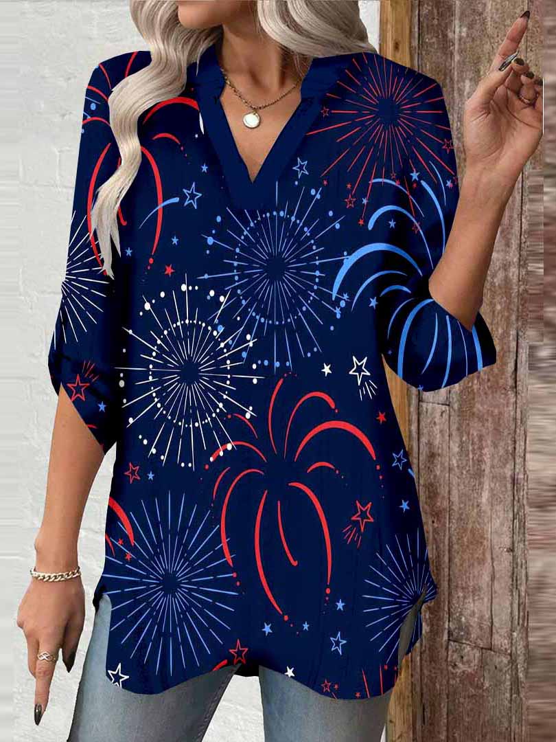 Women  Independence Day, Star, Striped, Blue, Red DZGA0237 3/4 Sleeve V-neck Printed Graphic Button Tops