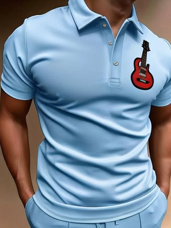 Men's Casual Guitar Printed Short Sleeved Polo Shirt at Hiphopee