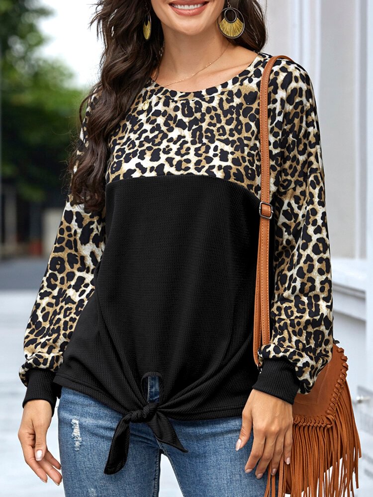 Leopard Print Patchwork Long Sleeves O neck Casual T shirt For Women P1768965