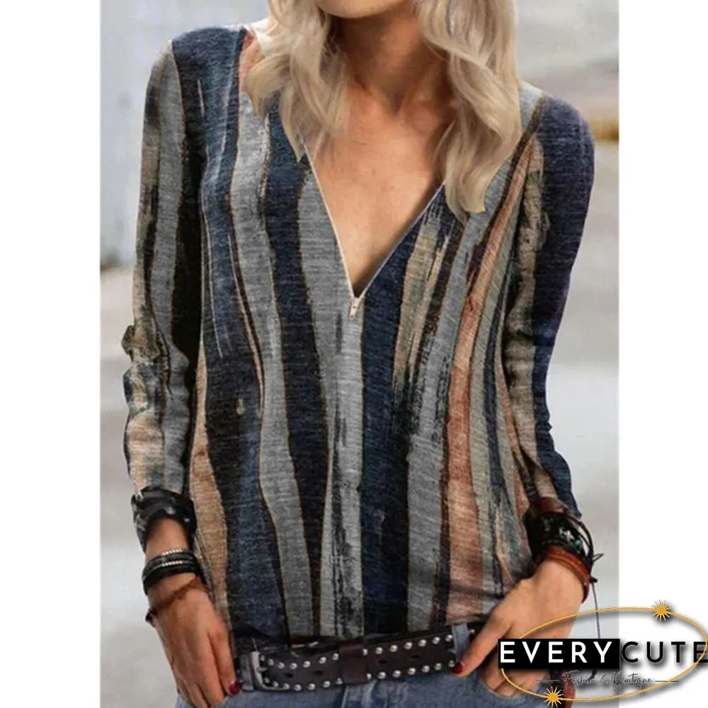 Womens Fashion Casual Zipper Long Sleeve Blouse Ladies Female Printing Loose Shirt Plus