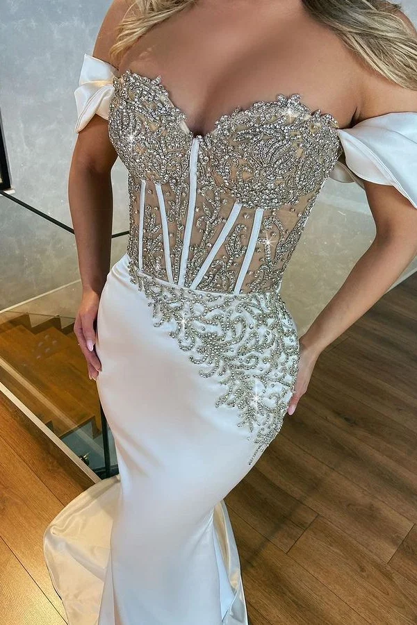 Beautiful White Off-The-Shoulder Appliques Long Mermaid Prom Dress ED0645