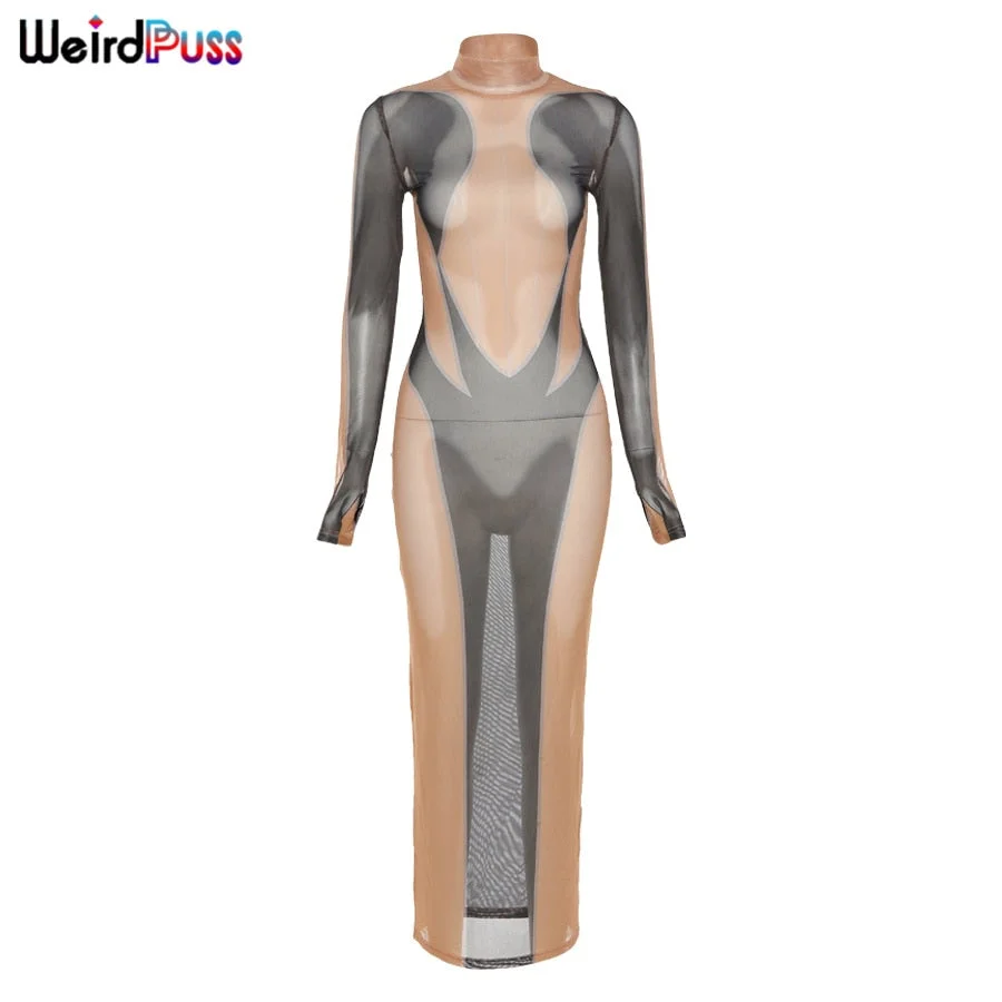 Weird Puss Mesh Patchwork Long Sleeve Dress Sexy Stretch See Through Cleavage Turtleneck Skinny Bodycon Female Party Clubwear