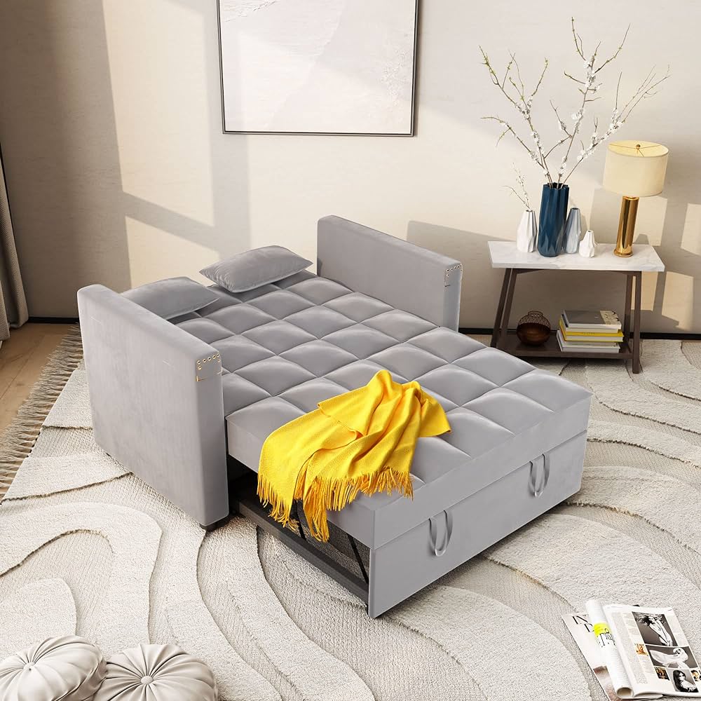 Convertible Sofa Bed, 3-in-1 Multi-Functional Velvet Sleeper Couch Pull-Out Bed, 48'' Loveseat Bed Chaise Lounge with Adjustable Backrest and Pillows, Hidden Side Table for Living Room, Small Space : Amazon.ca: Home