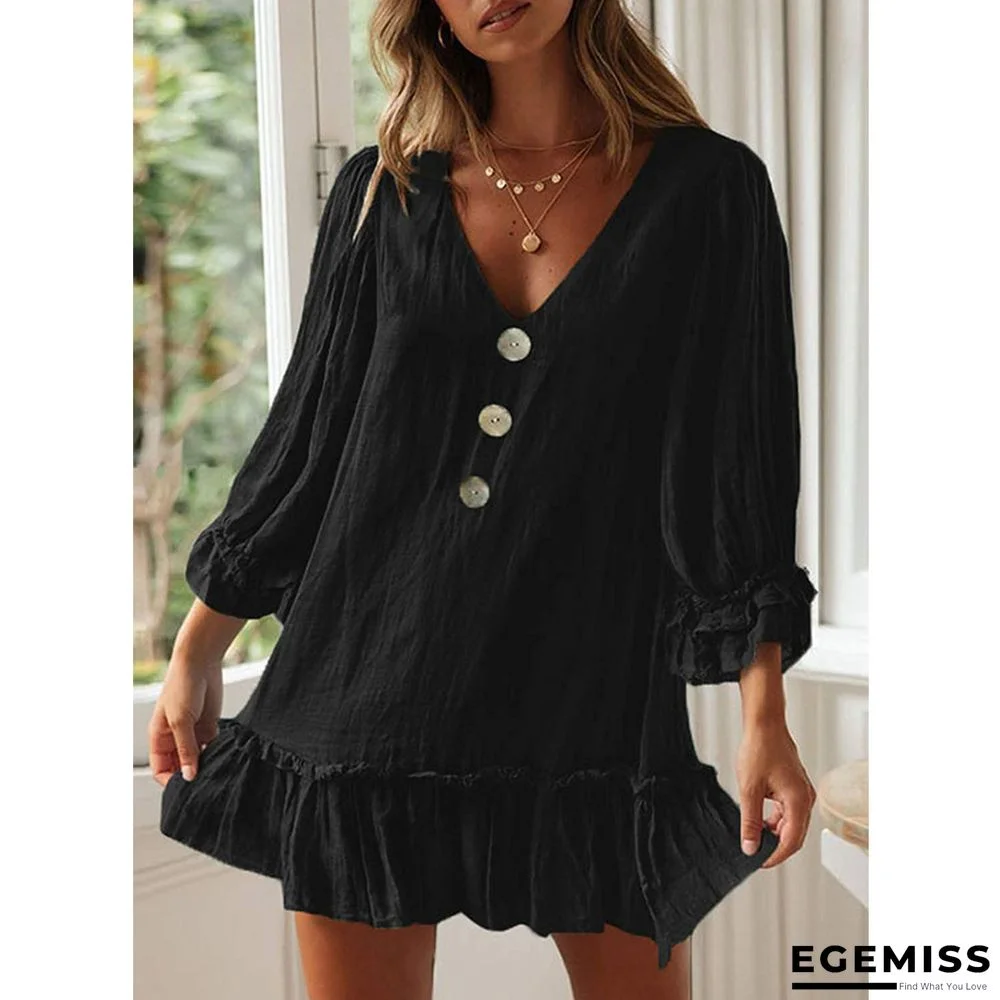 A-line Skirt Loose Long Sleeve Ruffle Hem Cotton Linen Dress | EGEMISS