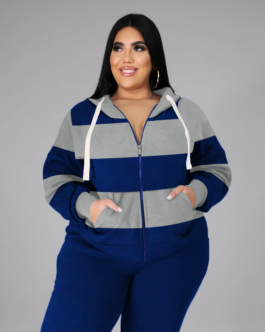 Women's Plus Size 2 Piece Tracksuit Stripe Zipper Hoodie and Pants Set