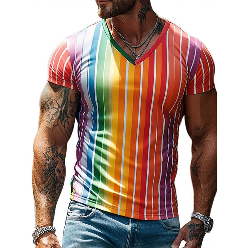 Comstylish Rainbow Stripe V-neck Short Sleeve T-shirt