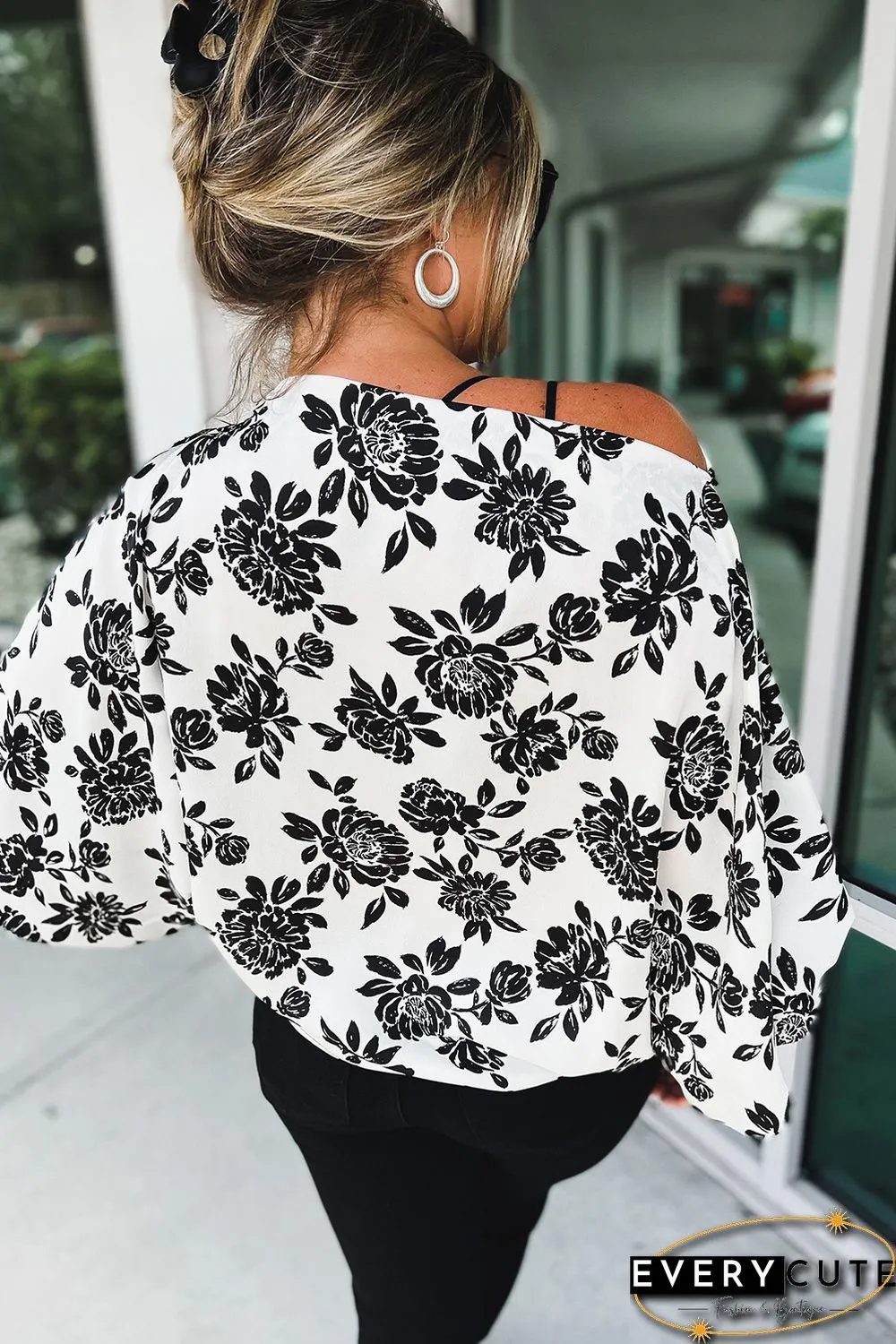 White Opposites Attract Boat Neck Floral Dolman Sleeve Top