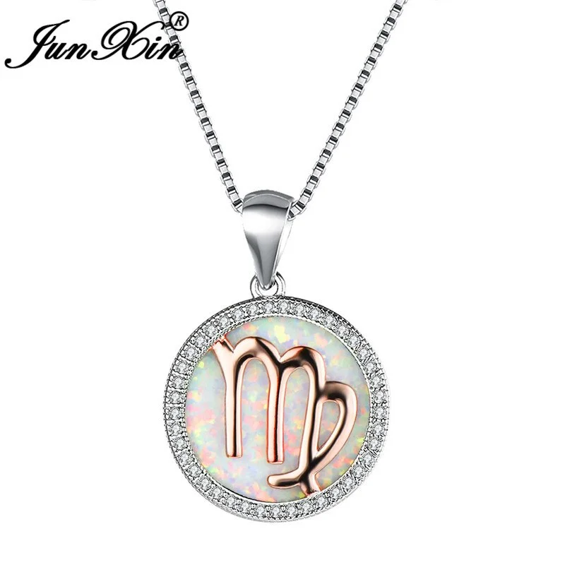 Boho Female White Blue Opal Stone Pendants Necklaces Big Silver Color Necklaces For Women Cute Fashion Virgo Jewelry