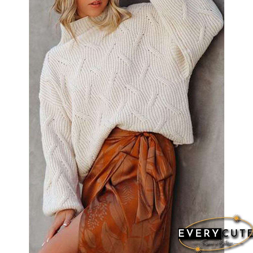 White Textured Mock Neck Solid Color Sweater