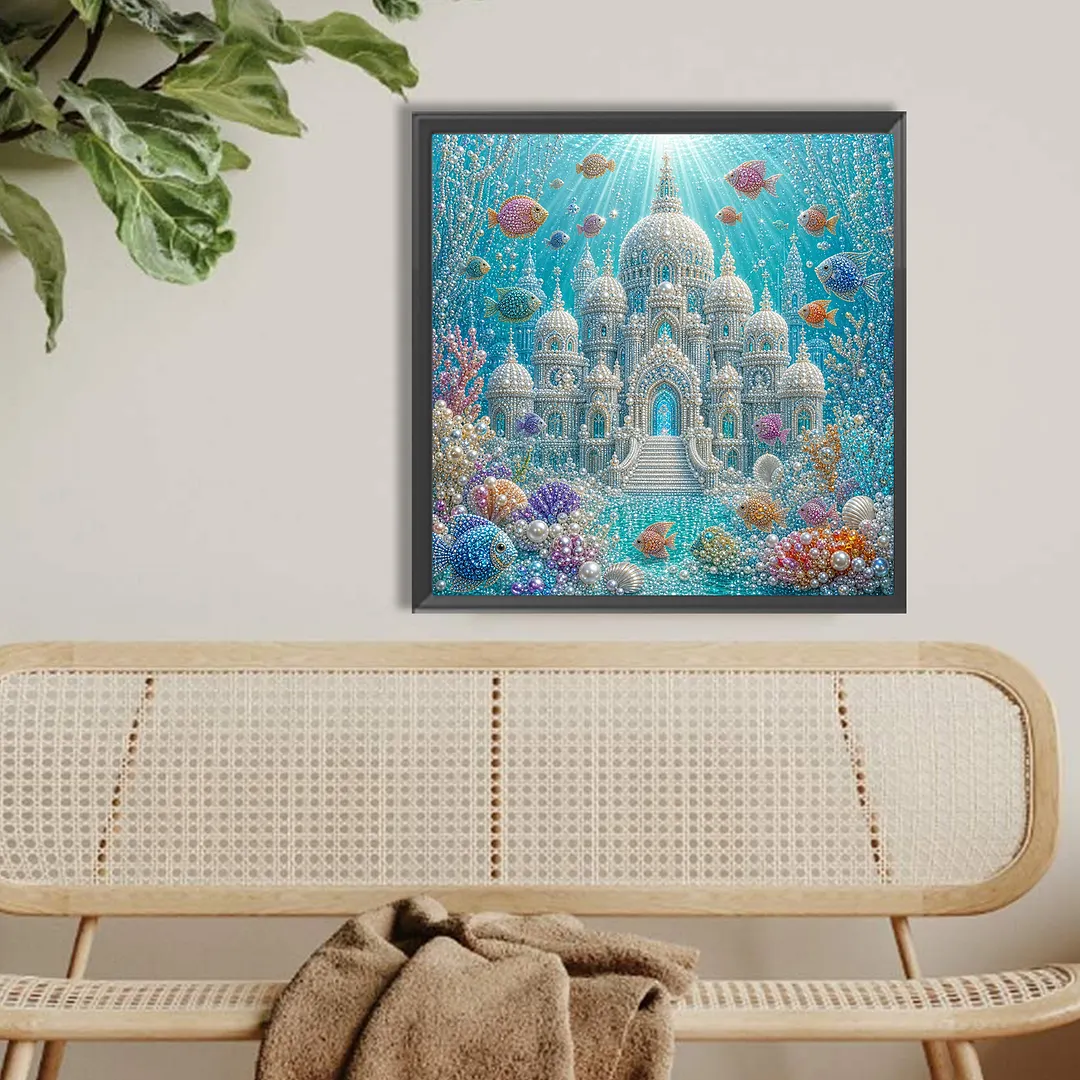 Underwater Castle Pearl Full DIY 5D Round Drill Gem Art Diamond Painting Kits 15.75x15.75 in Diamond Dots Paintings Picture Arts Craft Diamond Art Kits for Adults Beginner Home Wall Decor