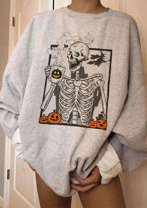 Pumpkin Face Skeleton Long Sleeeve Sweatshirt - Beige