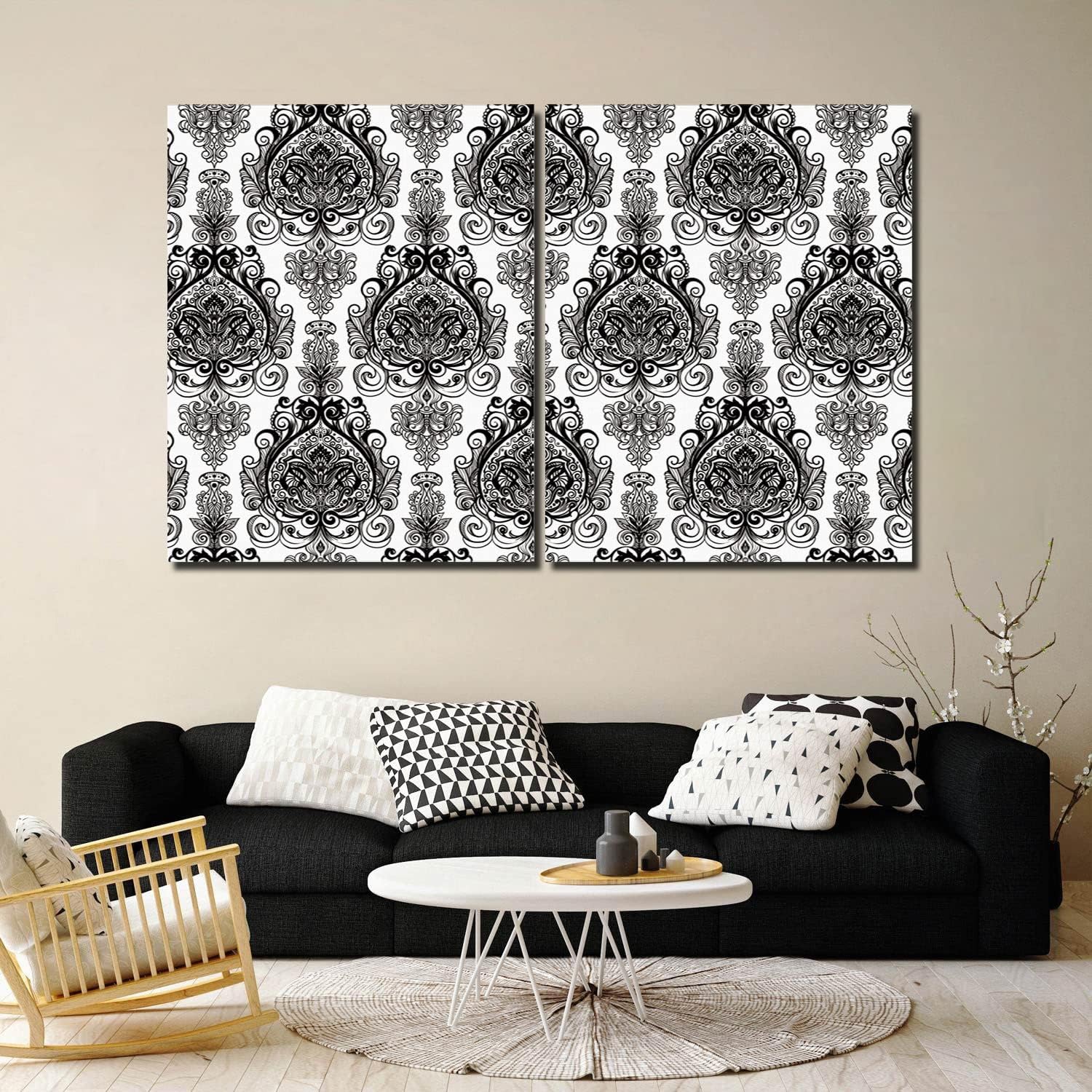 2 Piece Canvas Wall Art for Living Room Black White Stretched and Framed Art Canvas Prints Artwork for Home Decor 16 inch x20 inch x2 Panels Ready to Hang, Victorian Style Baroque Classic Pattern 16x20inchx2
