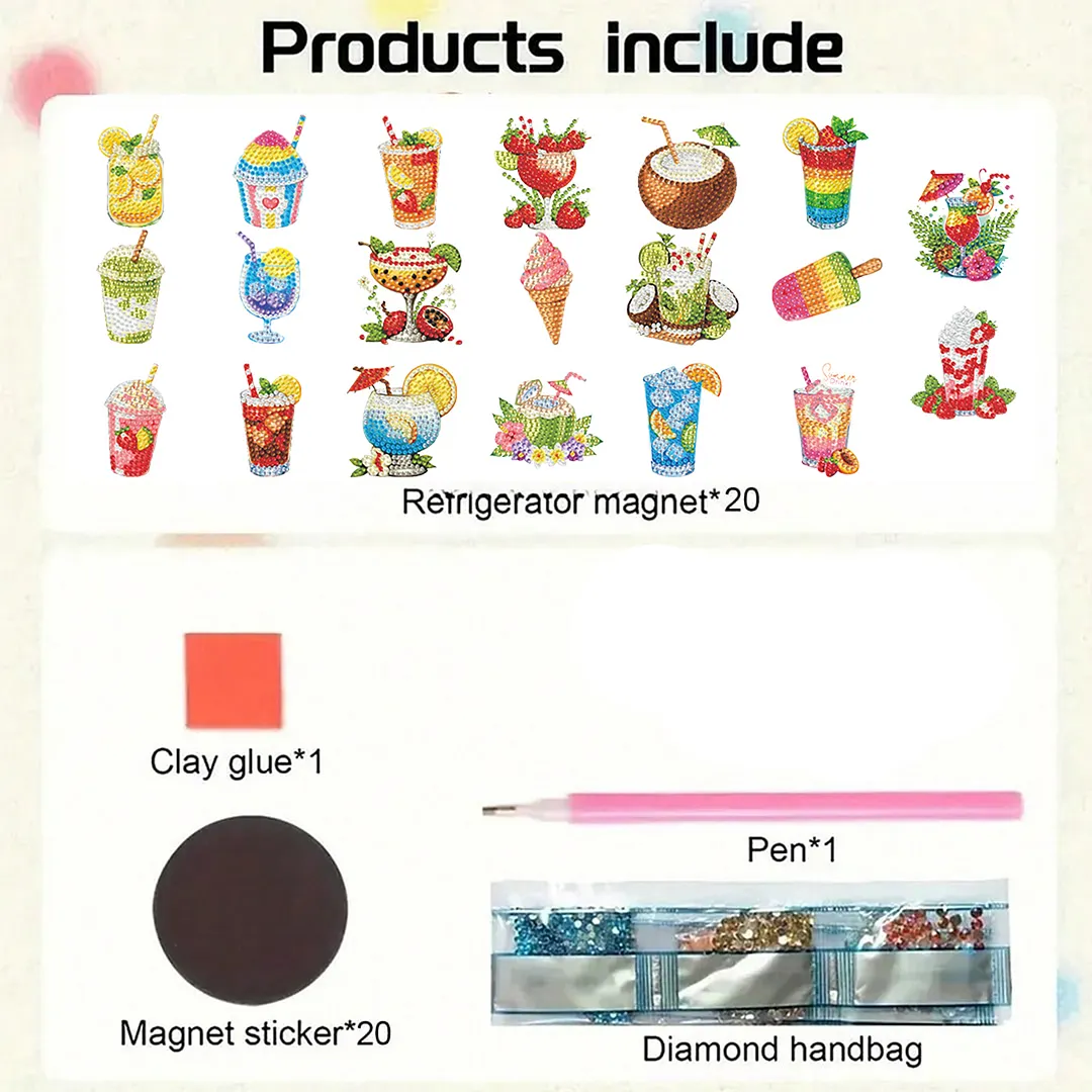 20pcs Drinks 2D/flat Acrylic DIY Diamond Painting Magnets Food DIY Art Fridge Magnet Refrigerator Sticker Food Design Refrigerator Diamond Art Magnets Crystal Art Craft for Adults Beginners