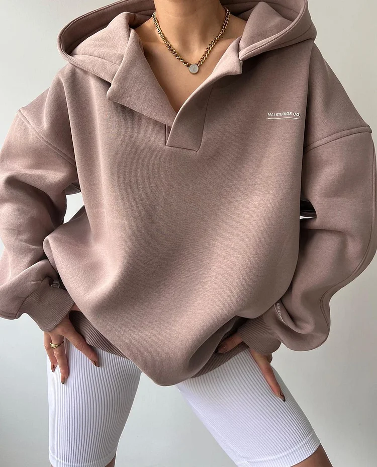 Letter Print Hoodie V-Neck Hooded Long-Sleeved Sweatshirt at Hiphopee