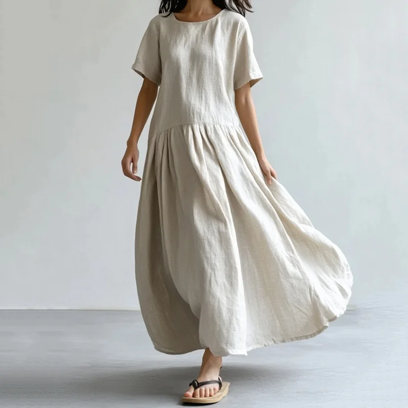Vintage Crew Neck Cotton Linen Maxi Dress