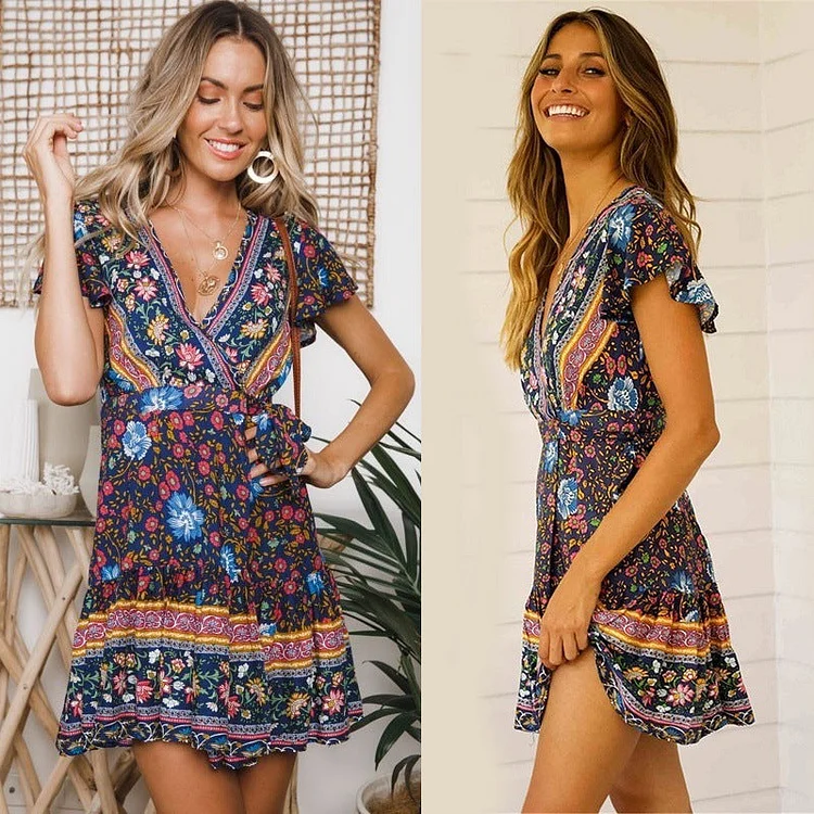 Bohemian Beach Resort Dress Short-Sleeved Deep V Pleated Print Dress（Purple）