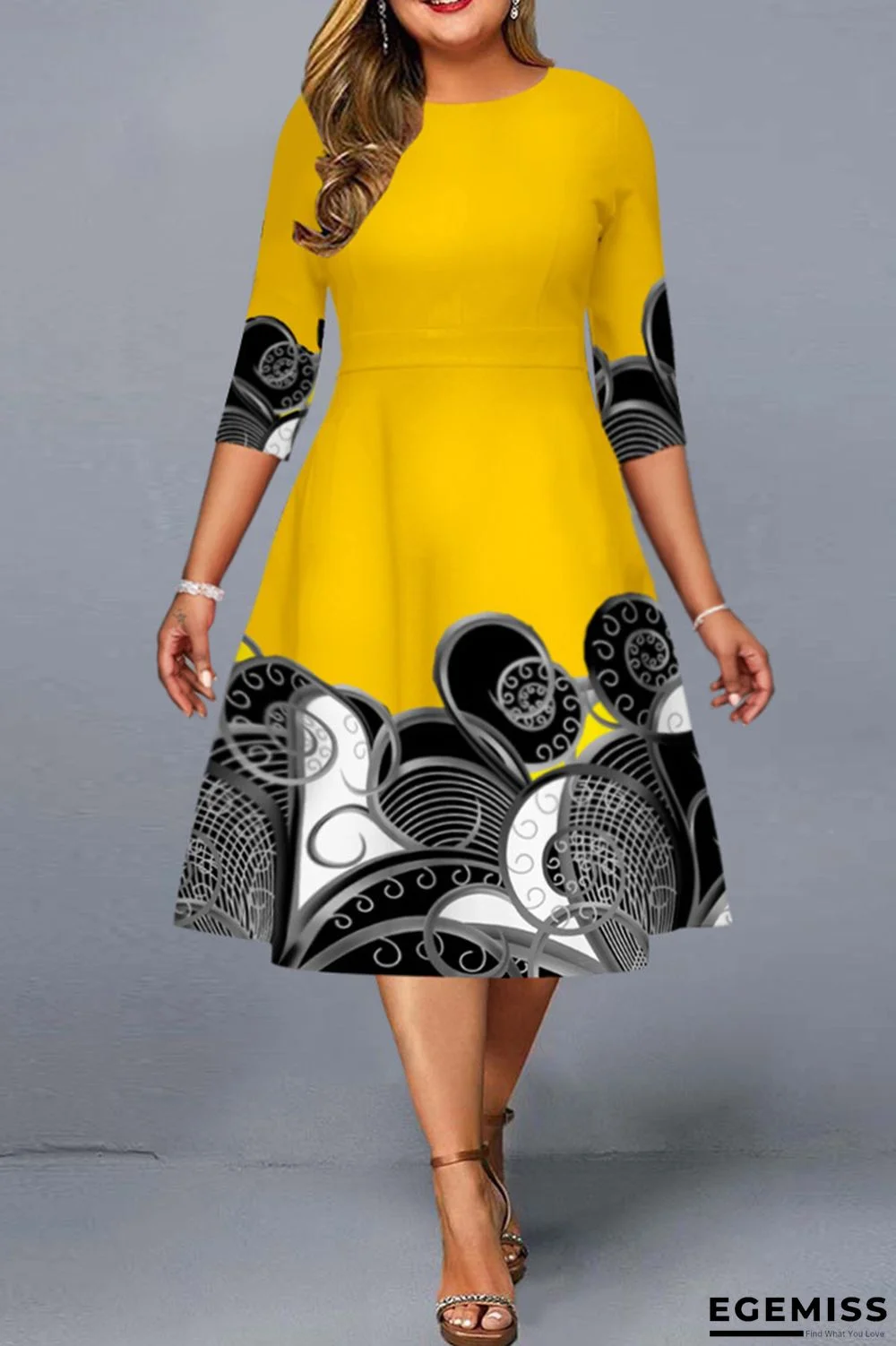 Yellow Fashion Casual Print Basic O Neck Plus Size Dresses | EGEMISS