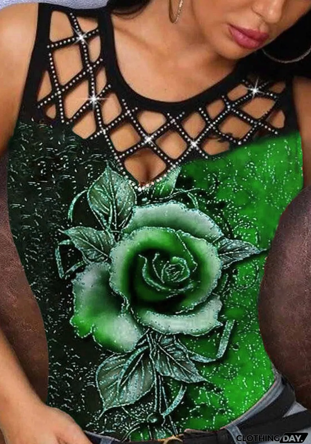 Women Summer Green O-Neck Floral Print Hollow Out Tank Tops
