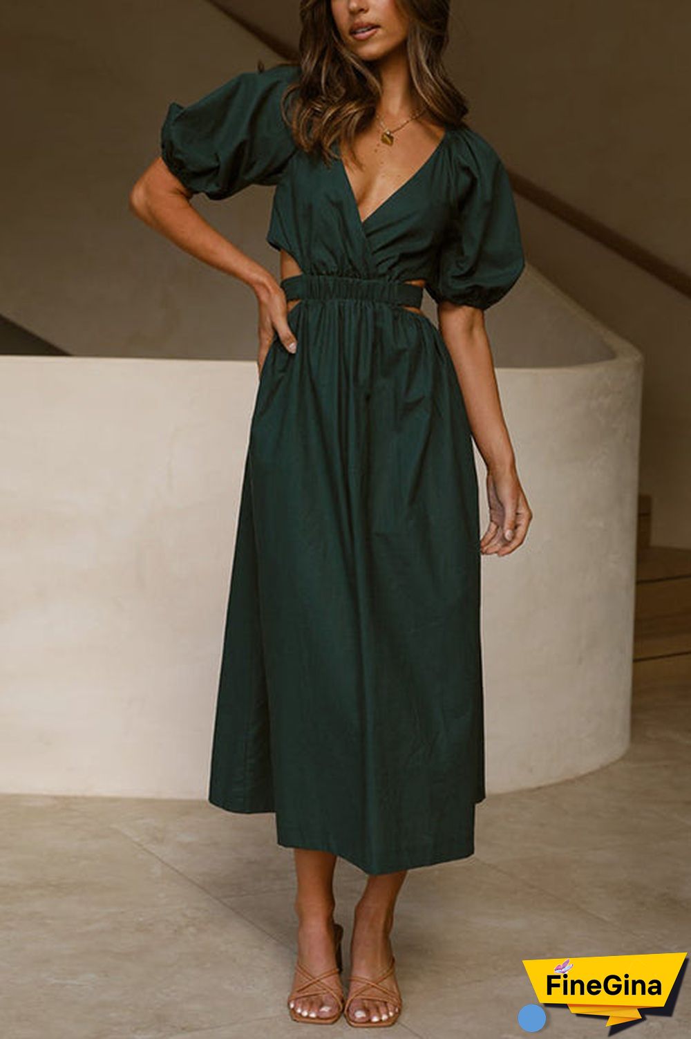 Cut Out Waist V Neck Puff Sleeve Dress
