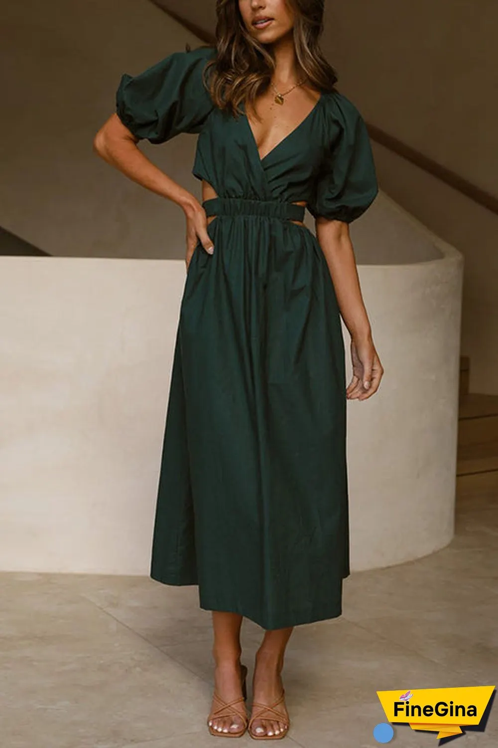 Cut Out Waist V Neck Puff Sleeve Dress