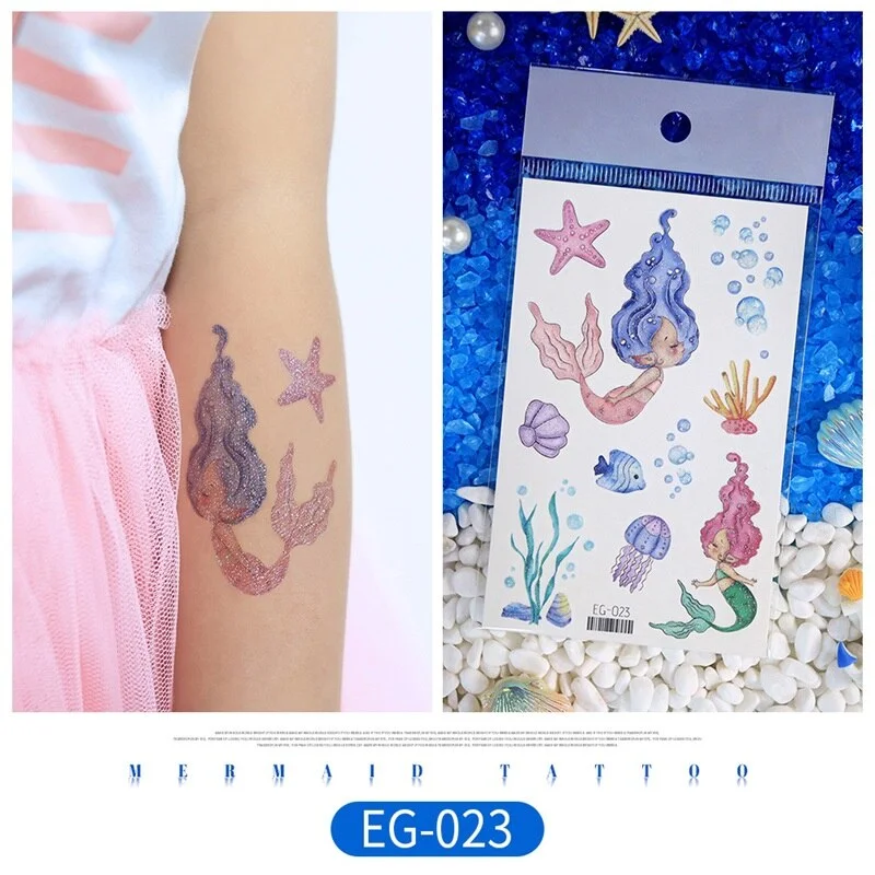 12 kinds Glitter Powder Temporary Tattoo Cartoon Mermaid Ocean Stickers tatouage temporaire Disposable Party Makeup