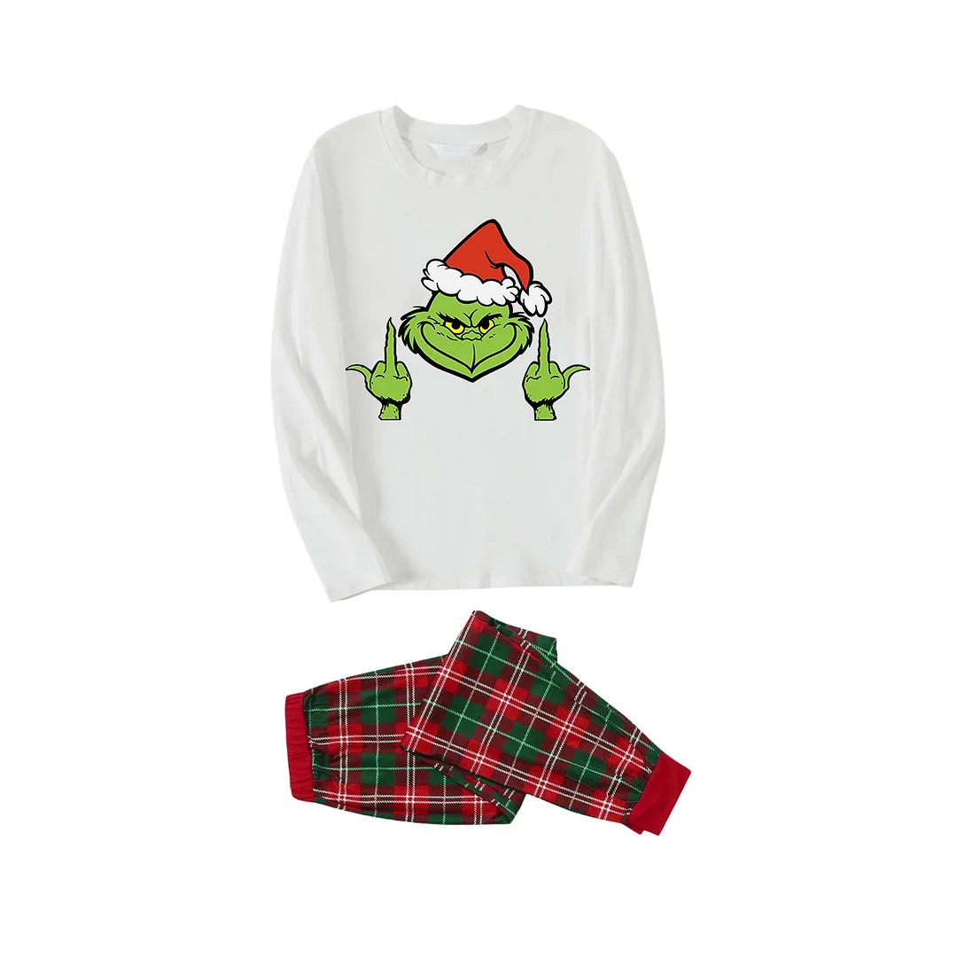 Christmas Green Cartoon Character With Santa Hat Pattern Print White Long-sleeved Top Red&Green Plaid Pants Family Matching Pajamas
