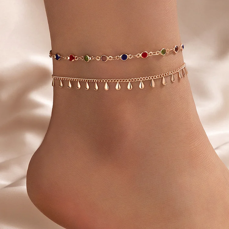 Double Layer Teardrop Anklet Summer Beach Foot Jewelry for Women Girls