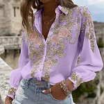 Women's Pink Rose Embroidery Art Long Sleeve Linen Blend Shirt - Image 4