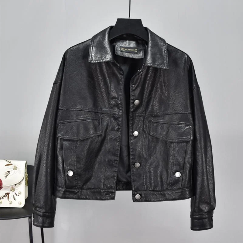 FTLZZ Women Green Faux Leather Jacket Batwing Sleeve Biker Coat Short Single Breasted Pu Motorcycle Loose Jacket Outerwear