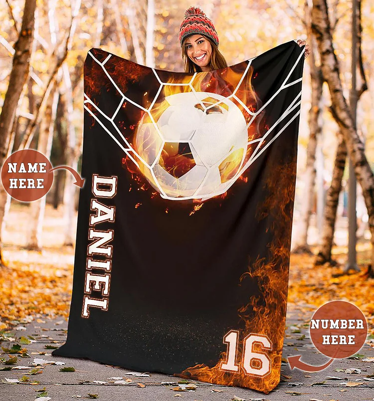 Personalized Soccer Blanket, Soccer Volcanic Goal Fireballs Sherpa Fleece Blanket | BKKid545