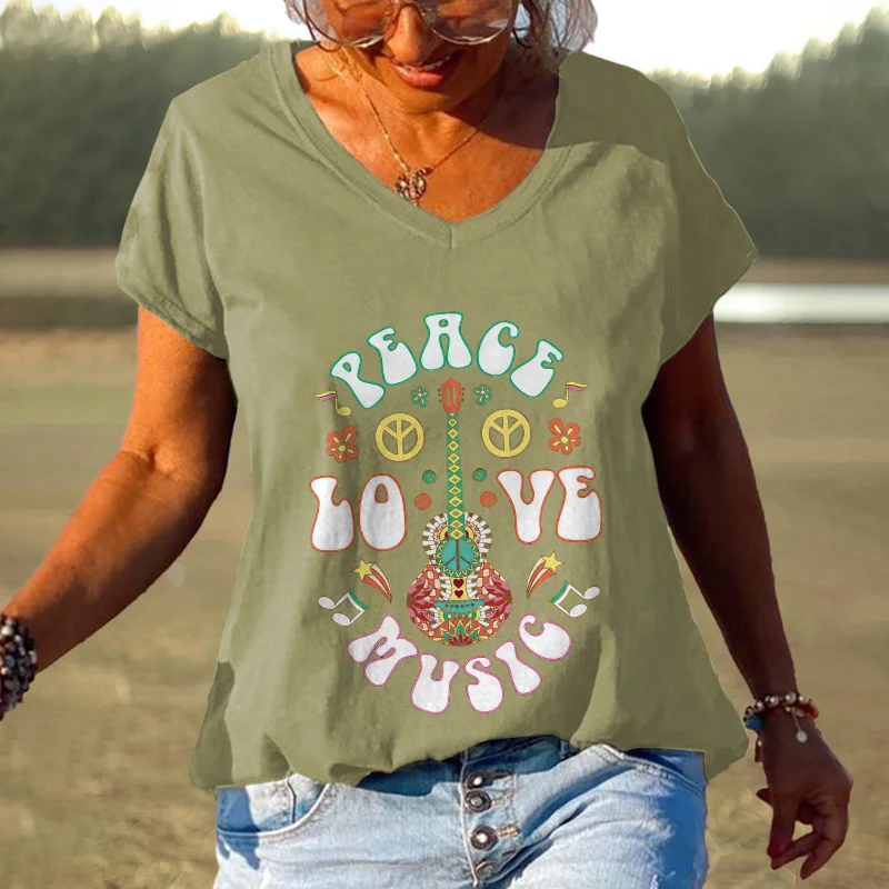 Peace Live Music Printed Guitar T-shirt