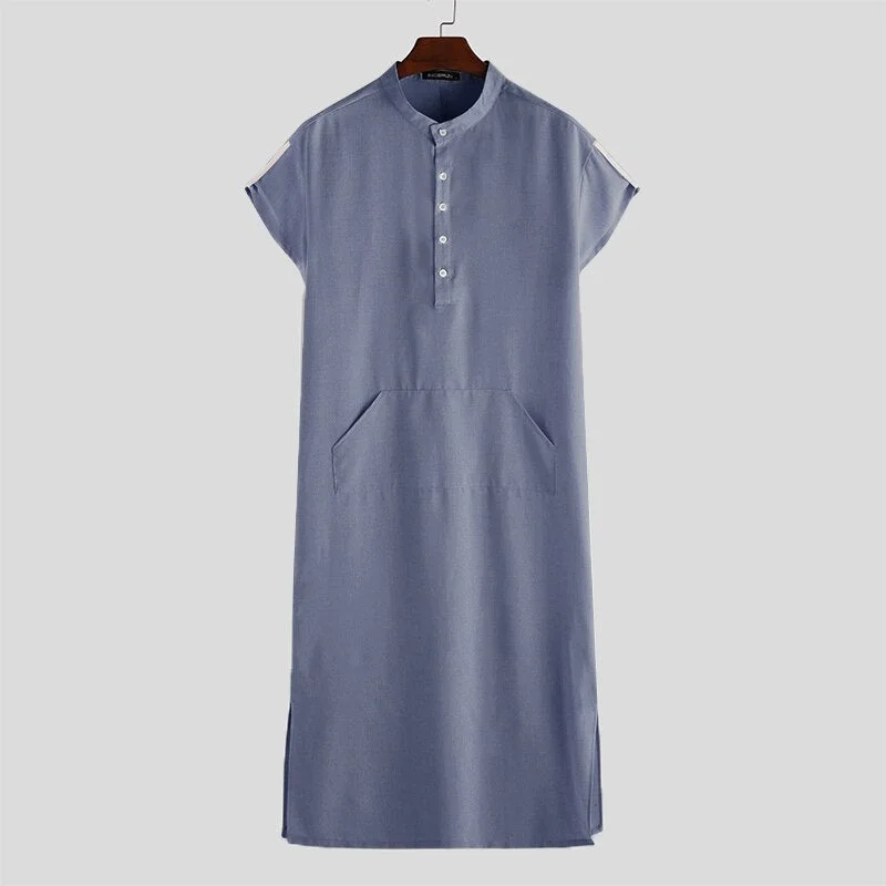 INCERUN Men Islamic Arab Muslim Kaftan Stand Collar Short SLeeve Pockets Vintage Robes Middle East Solid Men Jubba Thobe S-5XL 7