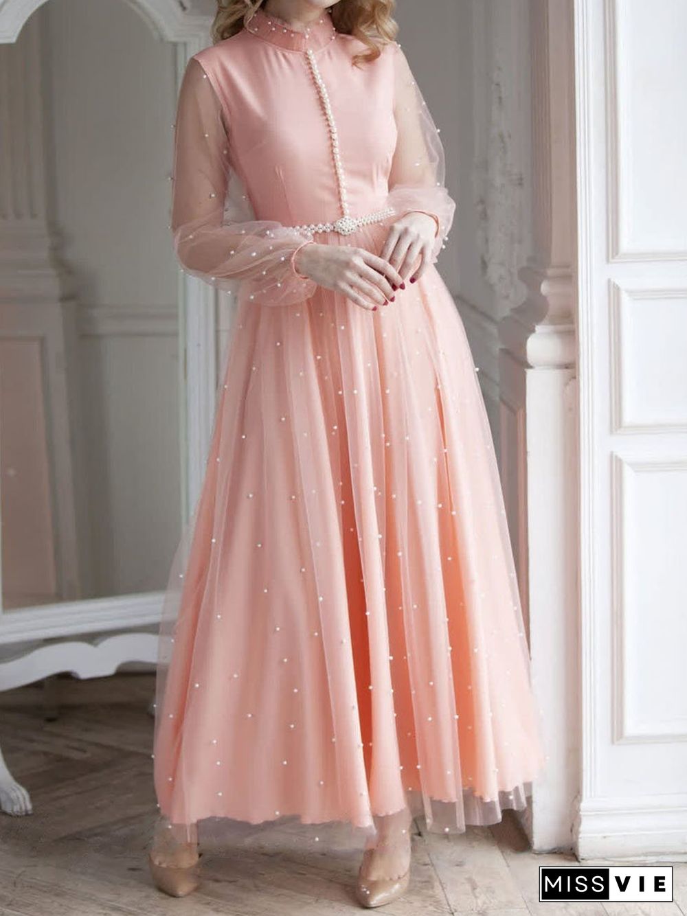 Elegant Pink Round Neck Chiffon Maxi Dress