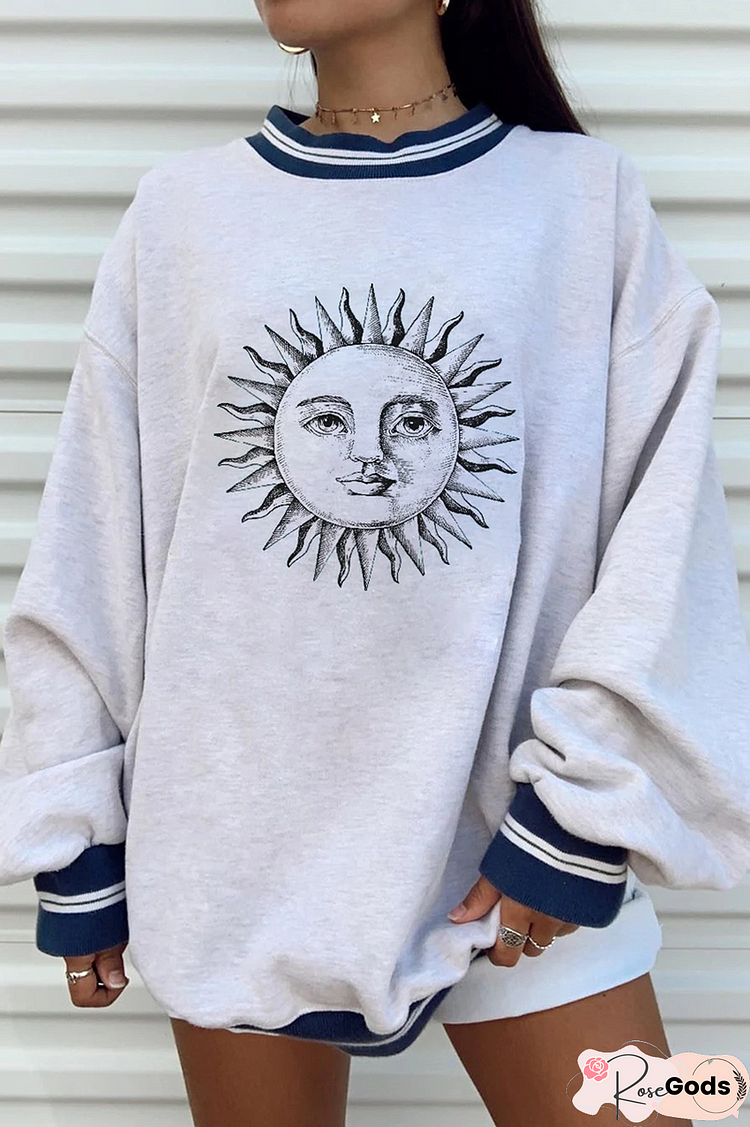 Moon Sun Print Round Neck Sweatshirt