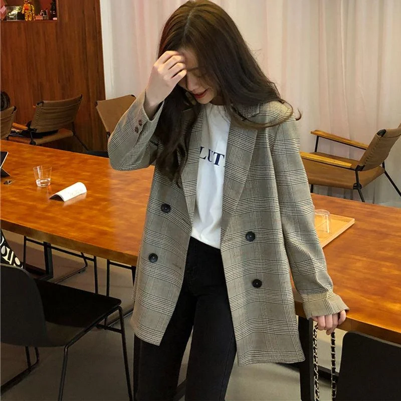 Office Ladies Notched Collar Plaid Women Blazer Double Breasted Autumn Jacket  Casual Pockets Female Suits Coat