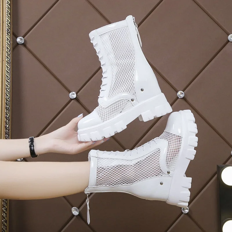 Chunky Platform Ankle Boots For Women Breathable Mesh Summer Shoes Woman Thick Sole Height Increasing Short Botas Mujer