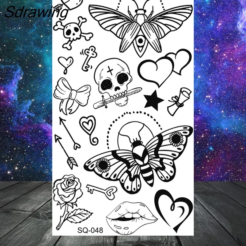 Sdrawing Stars Moon Sun Temporary Tattoos For Women Kids Girl Butterfly Feather Letters Fake Tattoo Neck Arm Hands Small Tatoos