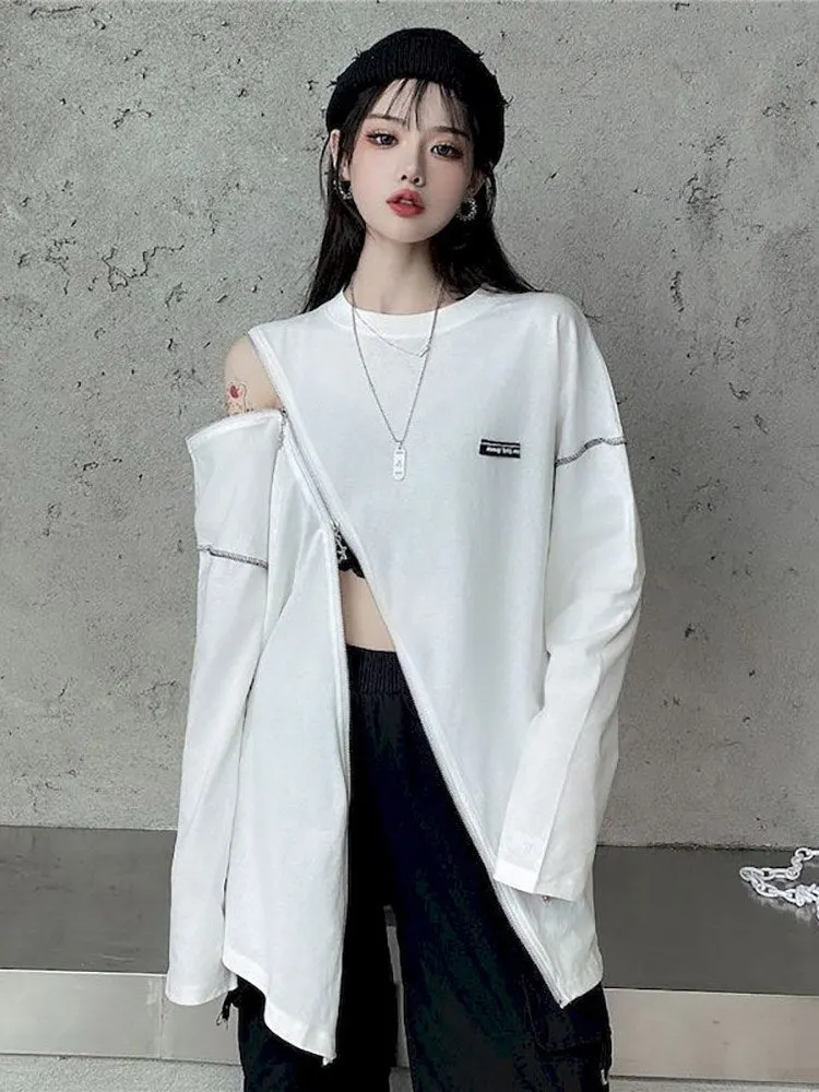 Autumn 2020 new Korean version of wild personality mid-length tops loose design long-sleeved white T-shirt female  trend