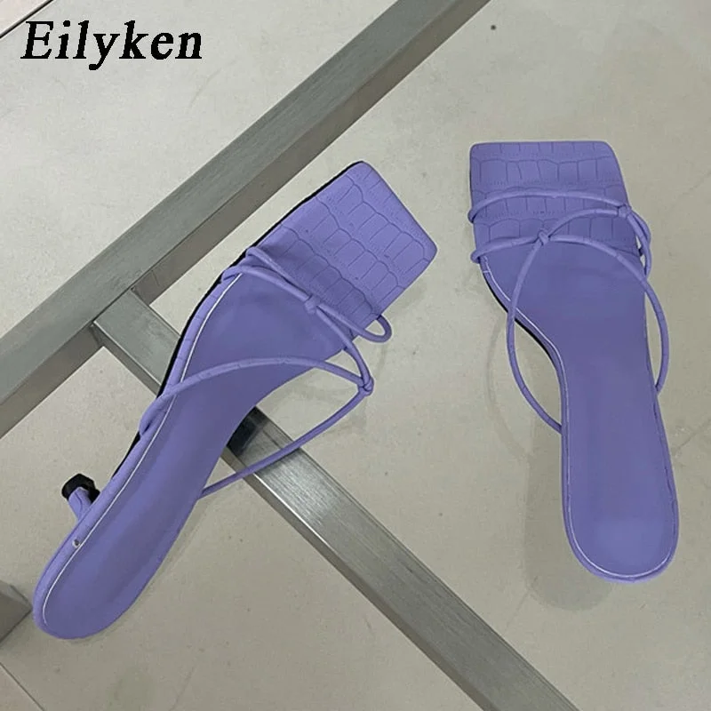 Eilyken 2022 New Summer Slippers Thin Low Heels Slides Fashion Narrow Band Square Toe Sandal Shoes Ladies Elegant Flip Flops