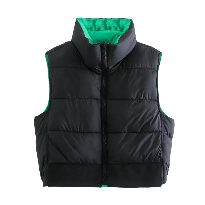 SLMD Stylish Sweet Green Black Double Wear Cropped Vest Coat Women 2021 Fashion Stand Collar Zipper Waistcoat