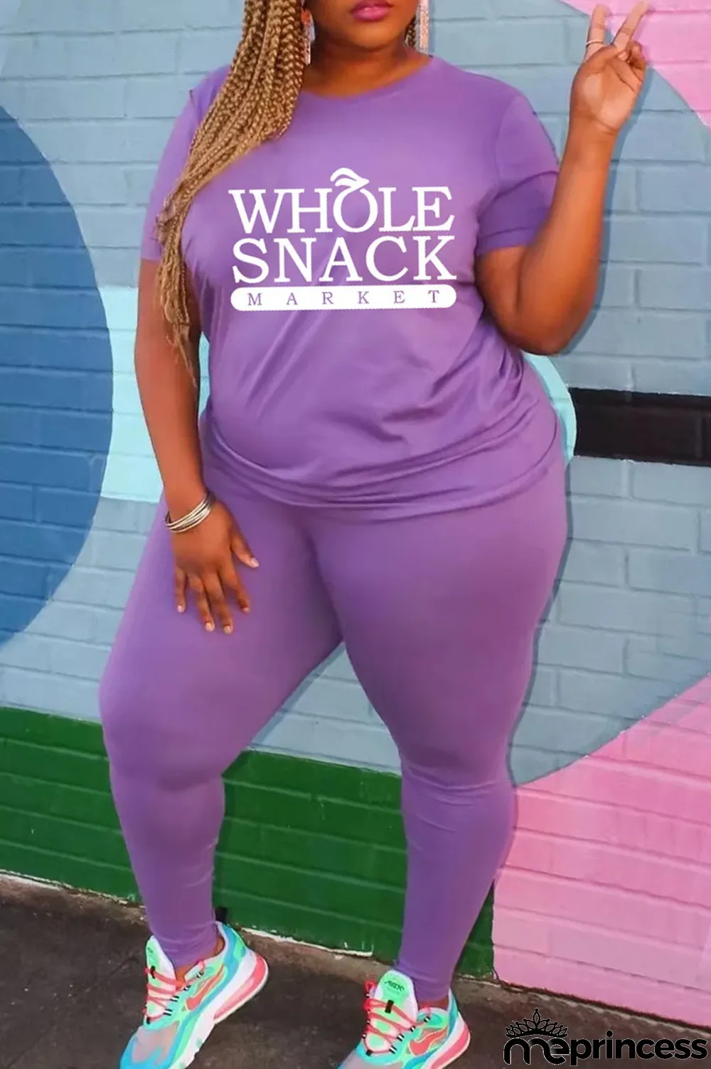 Purple Fashion Casual Letter Print Basic O Neck Plus Size Two Pieces