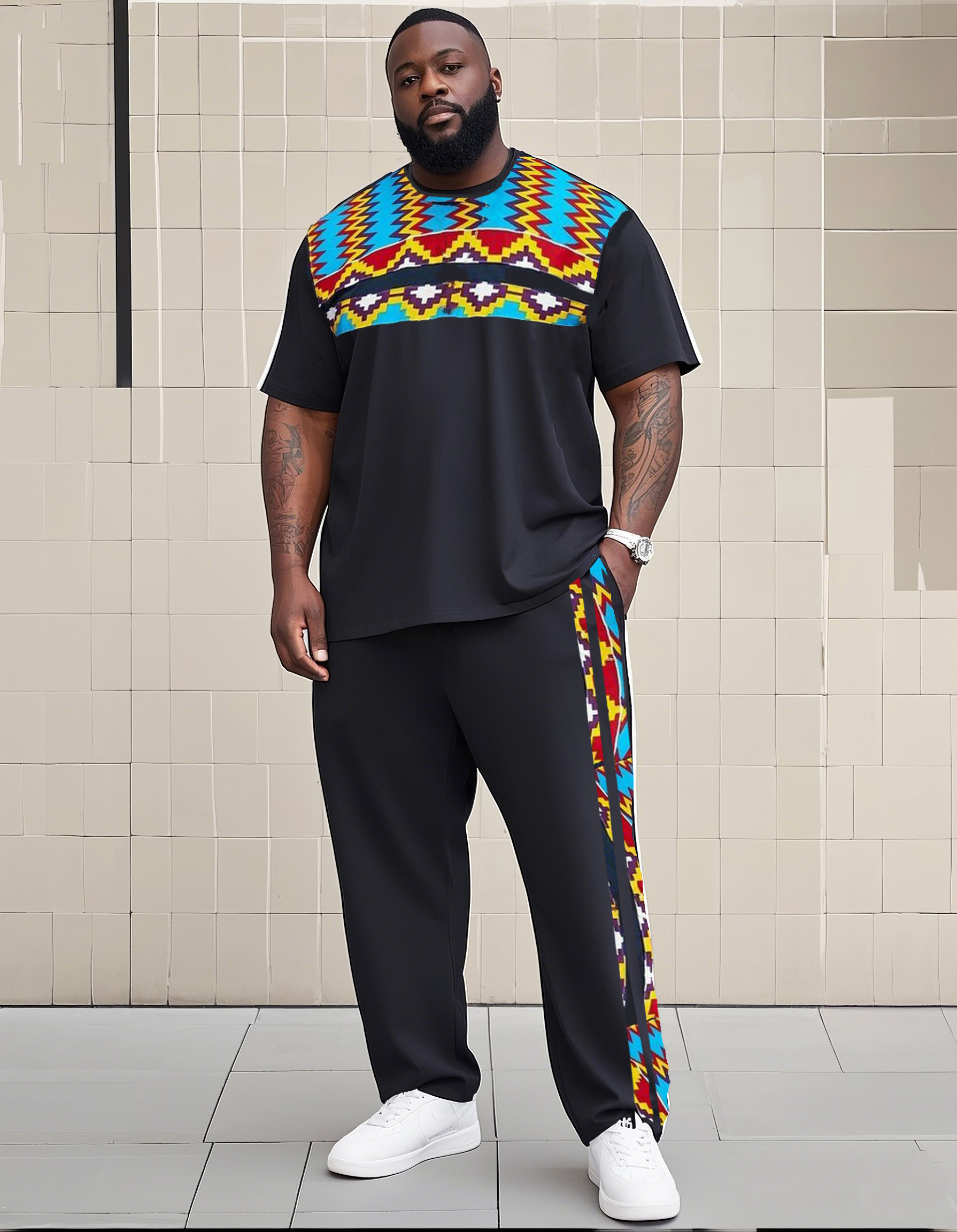 Big Boy Impression Totem Print Short Sleeve Trousers Suit