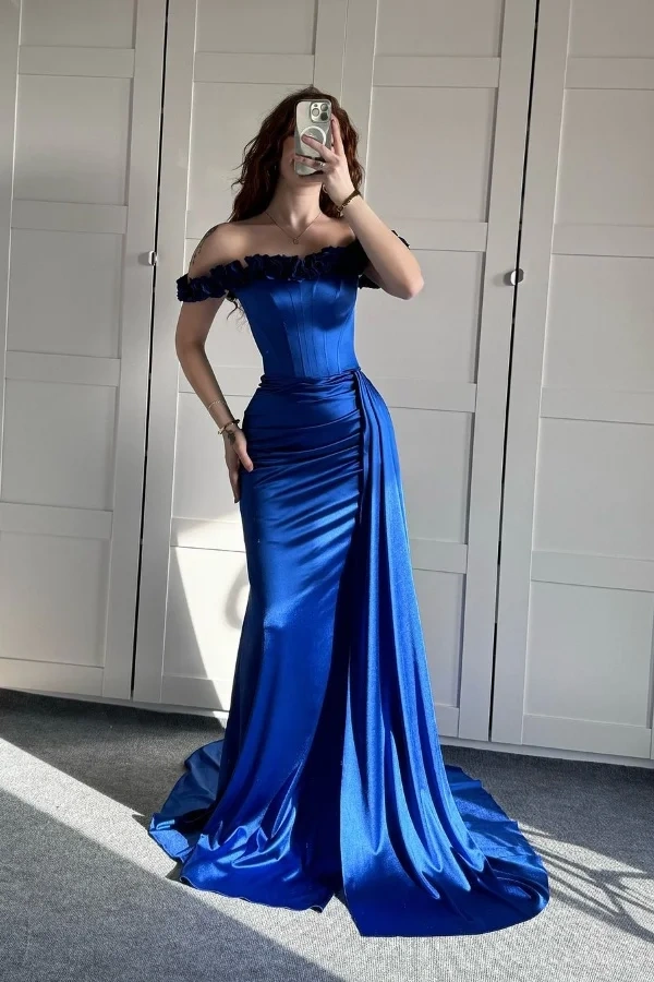 Ovlias Royal Blue Prom Dress Straight Across Pleated Mermaid with Appliqued ZT0188