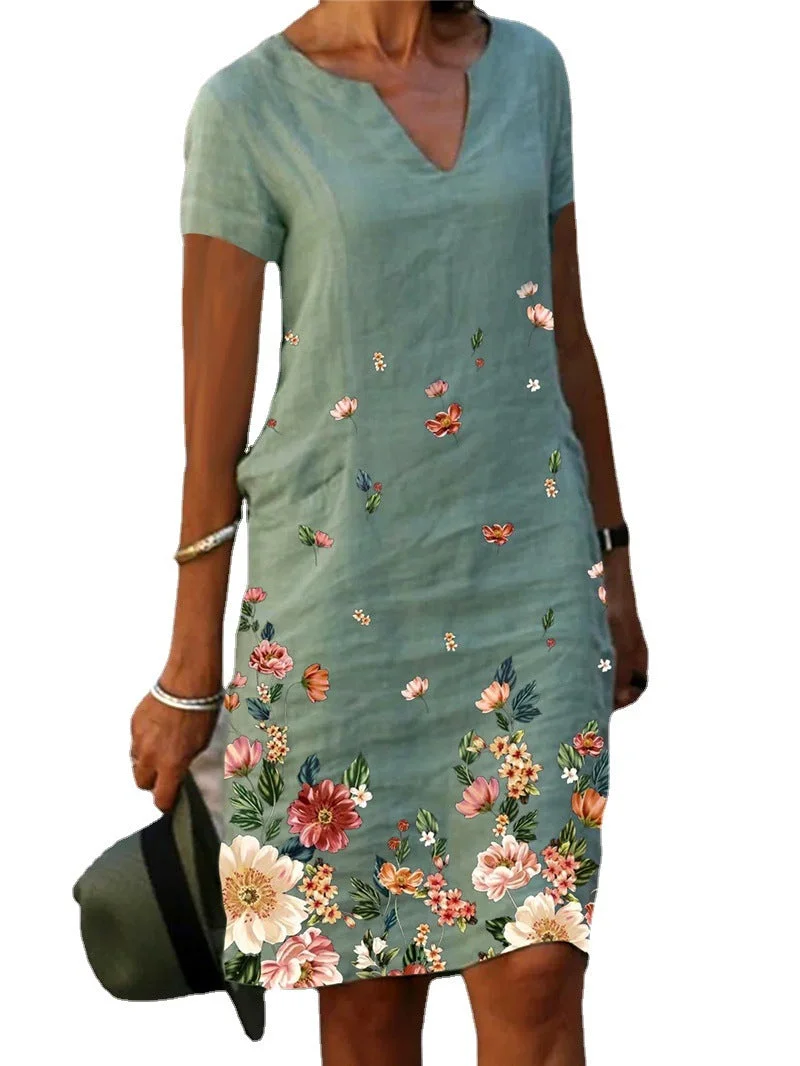 Brownm Floral Printed Linen Sleeve Midi V-neck Dresses