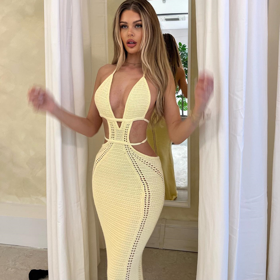 Ootddress Female Knit Lace-Up Maxi dress Backless Slim Fashion Beach Outfits Y2k Dress Hollow Out Bandage Knitwear Party Women Dress