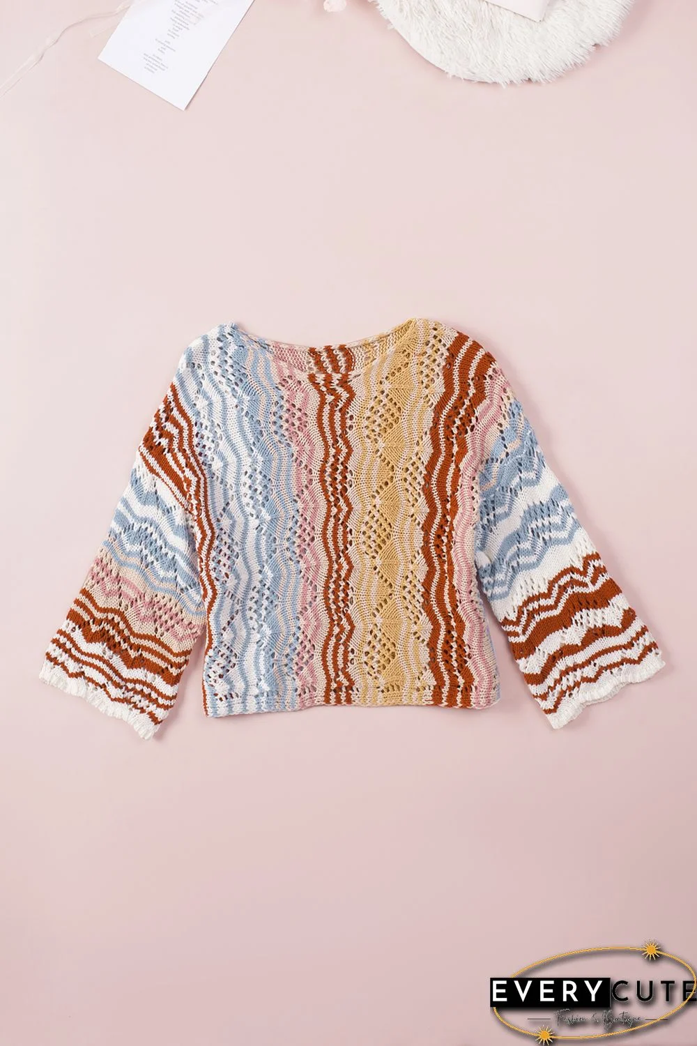 Multicolor Stripe Knit Hollow Out Drop Shoulder Sweater