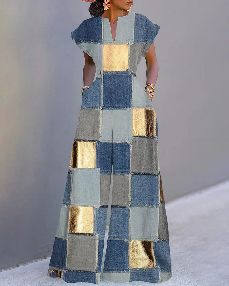 Fashion Denim Patch Print Neckline Batwing Sleeve Wide Leg Jumpsuit