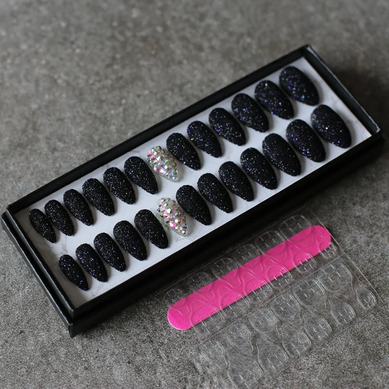 Art design Glitter powder fake nails red pink 26pcs Stiletto Full crystal diamond false nails wedding nails-Nail Inspo